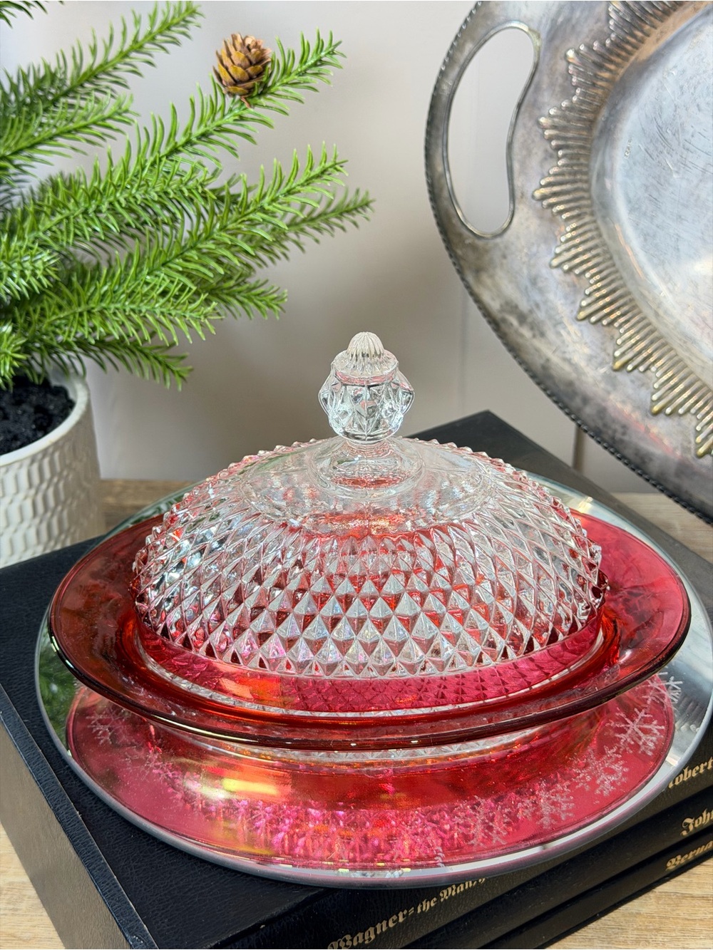 Vintage Indiana Glass Ruby Cranberry Flashed Diamond Point Covered Butter Dish9”